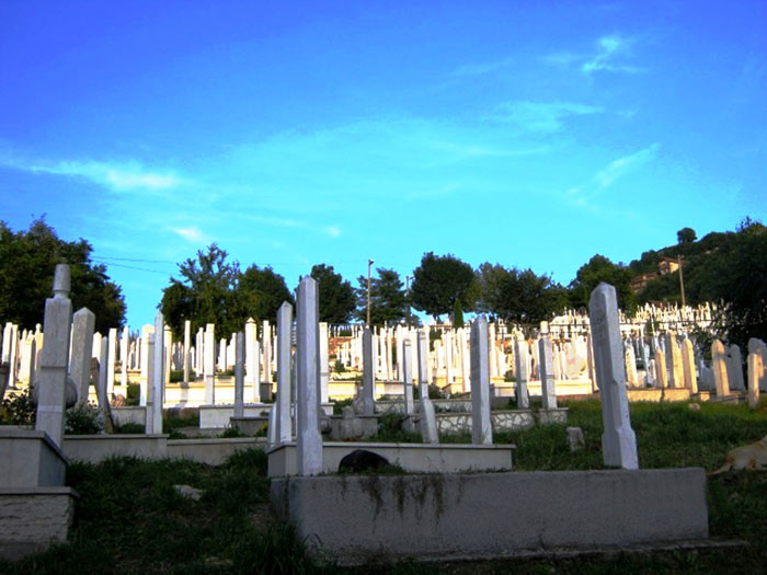 ▲ `보스니아 내전` 때 학살당한 사람들의 묘지. 푸른 하늘 아래 새하얀 비석들이 보인다.