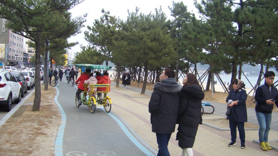 관광자전거를 타는 나들이객.