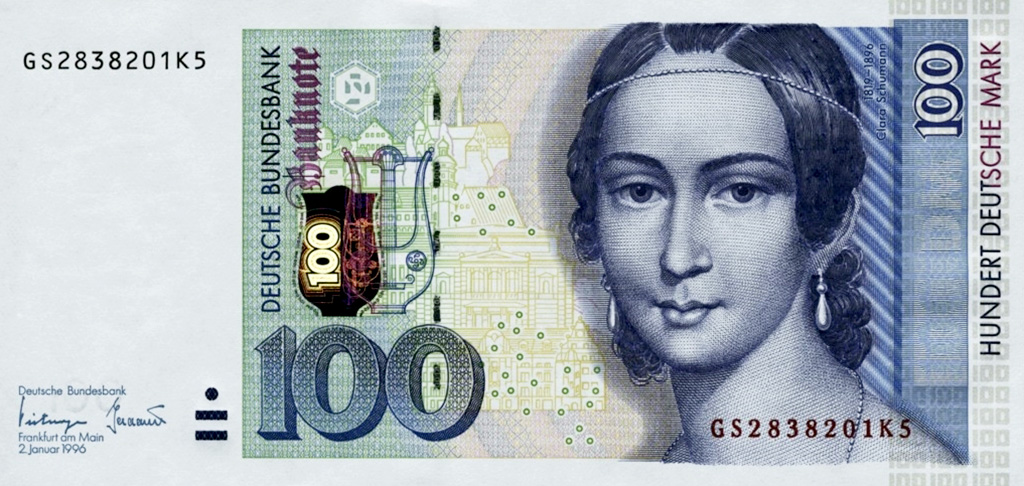 클라라 슈만의 얼굴이 그려진 독일 마르크 지폐.