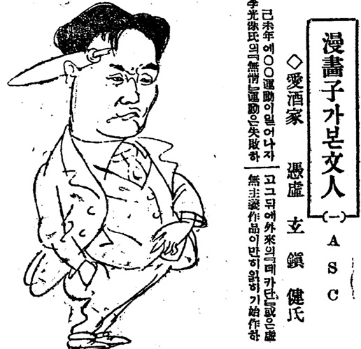 조선일보 1927년 10월 29일자에 안석영이 그린 현진건의 캐리커처.