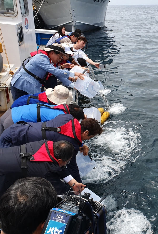 독도해양생물 다양성회복 사업 기념행사 일환으로 참석자들이 독도 바다에 돌돔치어방류를 하고 있다.
