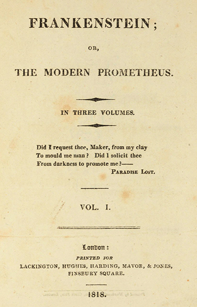 영국 런던에서 출판된 프랑켄슈타인 1부의 1818년 초판본 표지