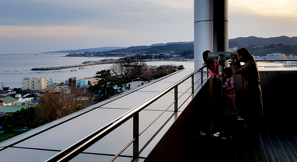 지난 27일 구룡포 과메기 문화관에 방문한 관람객들이 4층 야외전망대에서 망원경을 통해 구룡포의 경치를 바라보고 있다.