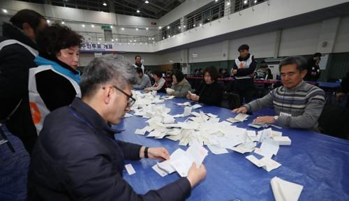 대구·경북 통합 신공항 건설 후보지 확정을 위한 주민 투표가 치러진 지난 21일 오후 경북 군위군 군위읍 군위국민체육센터에서 개표 작업이 진행되고 있다.