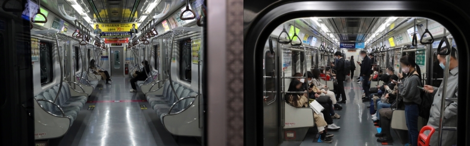 지난달 17일 대구 지하철 출근길 모습(왼쪽). 이날 출근길 지하철 모습(오른쪽).