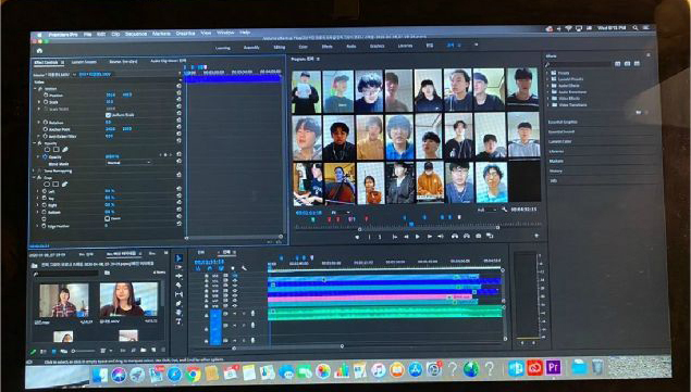 한동글로벌학교 학생들이 각자 보내온 영상들을 편집해 온라인 합창으로 만드는 작업을 하는 화면.