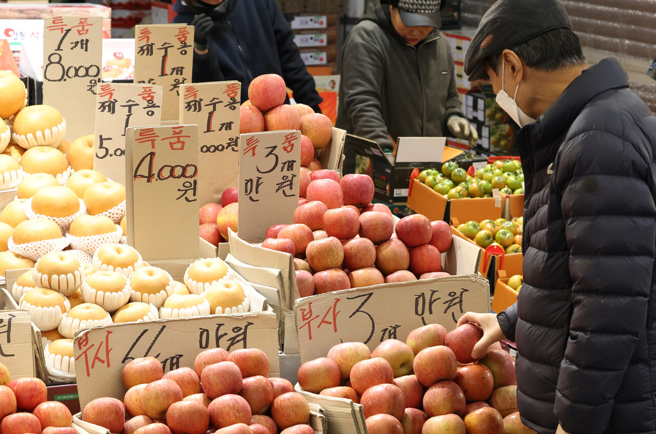 사진은 지난 6일 오후 서울 동대문구 청량리청과물시장에서 한 시민이 사과를 둘러보고 있다./연합뉴스
